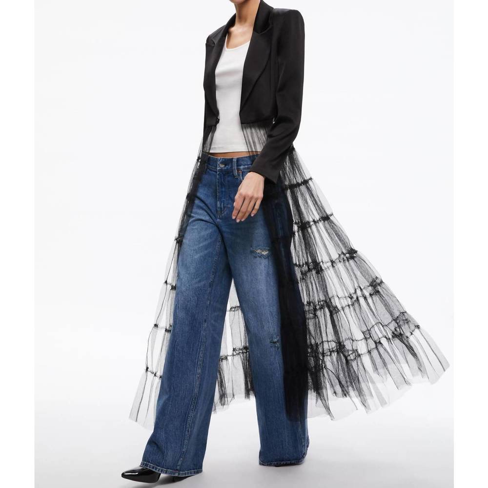 NEW ALICE + OLIVIA satin cropped blazer with tulle bottom in black - Picture 2 of 6